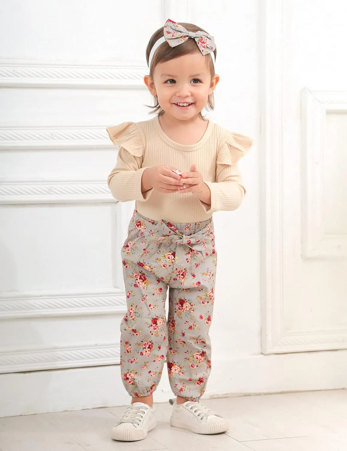 Newborn Baby Girl Outfit – Ribbed Ruffle Sleeve Romper, Floral Pants, and Headband 3PC Set