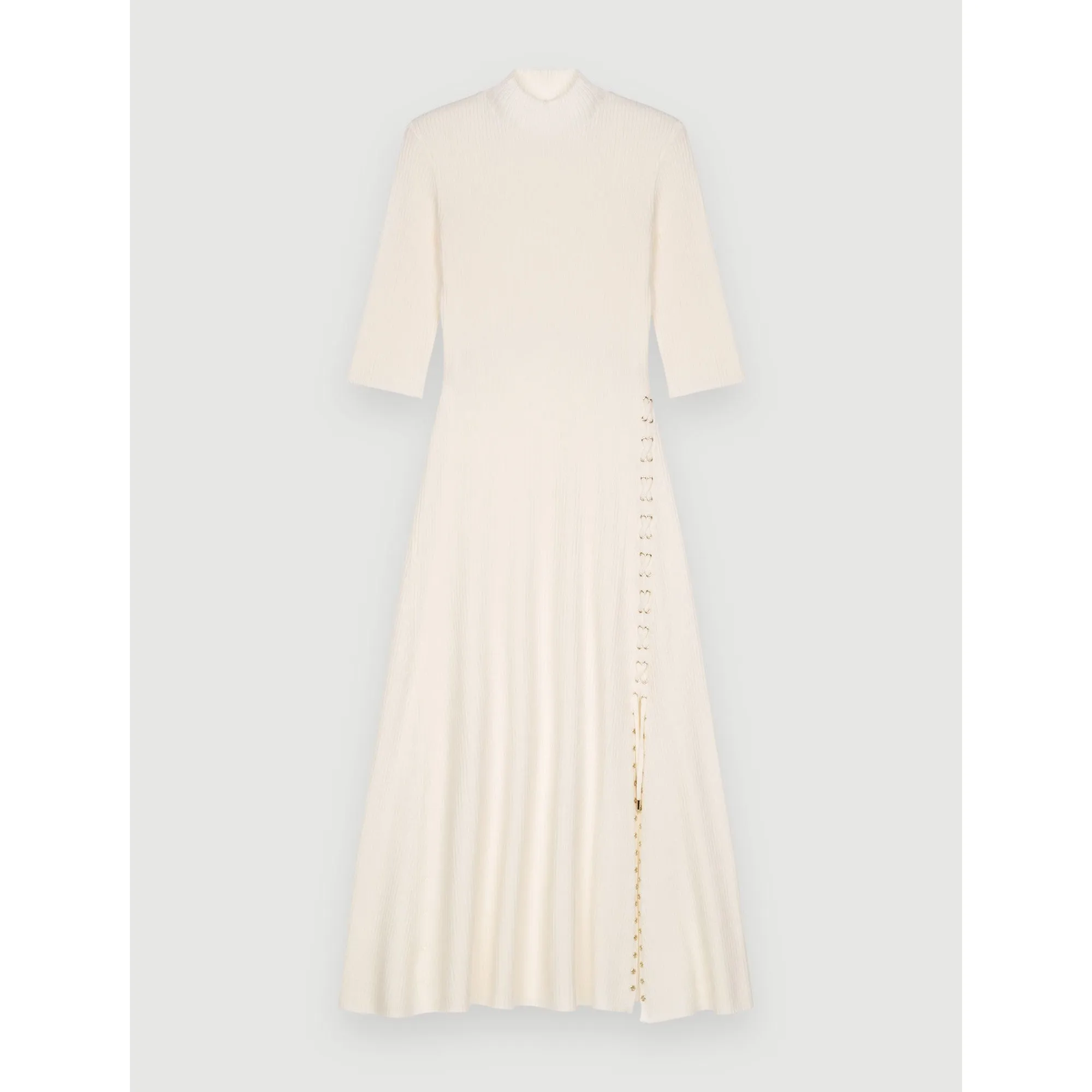 Women Ribbed Knit Dress With Gold Eyelets - Ecru
