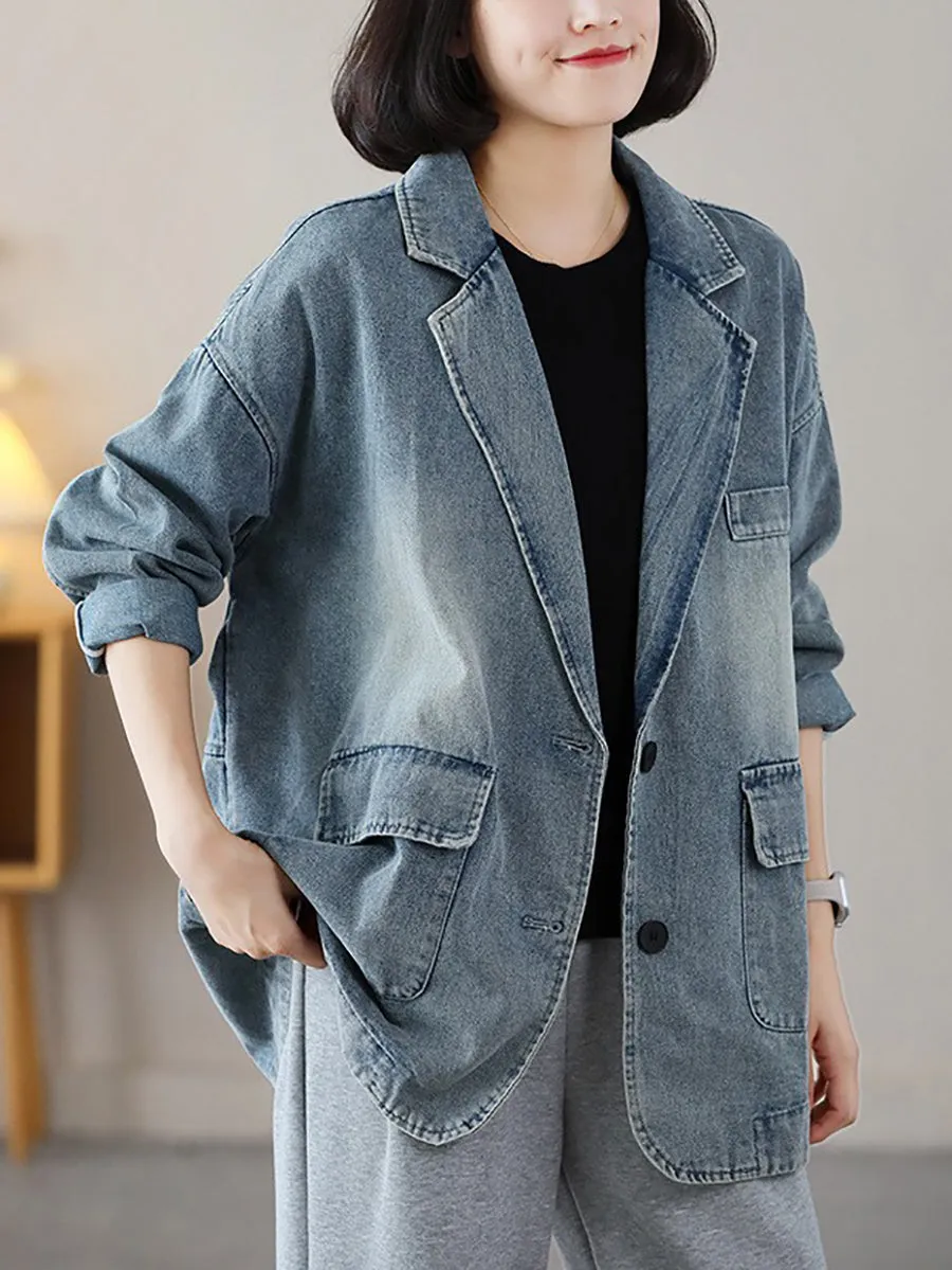 Women Vintage Spring Washed Denim Spliced Coat